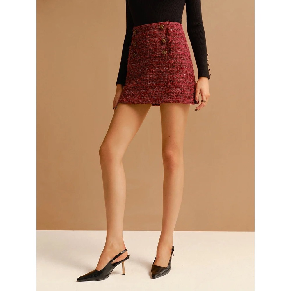 COMMENSE Red Metallic Tweed High Waist Mini Skirt Size XS - Picture 3 of 12